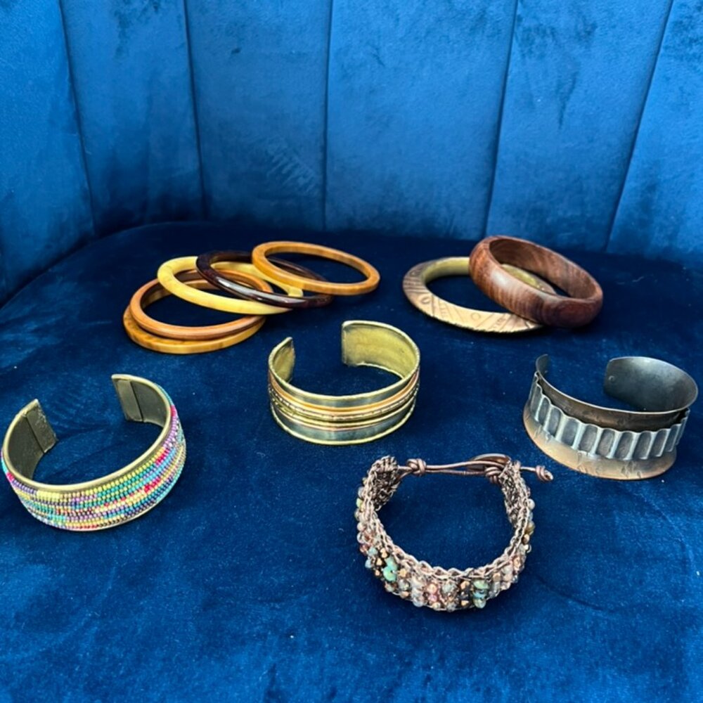 Western Bangle Set Cuff Bracelets Tribal Western Gold Plated Beaded Copper Wood